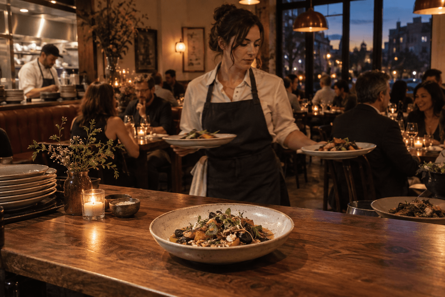 A server brings dinner to guests in a warmly lit neighborhood restaurant